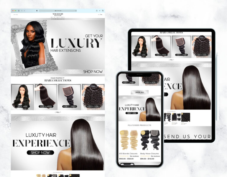 Elegant silver website template for a hair business.