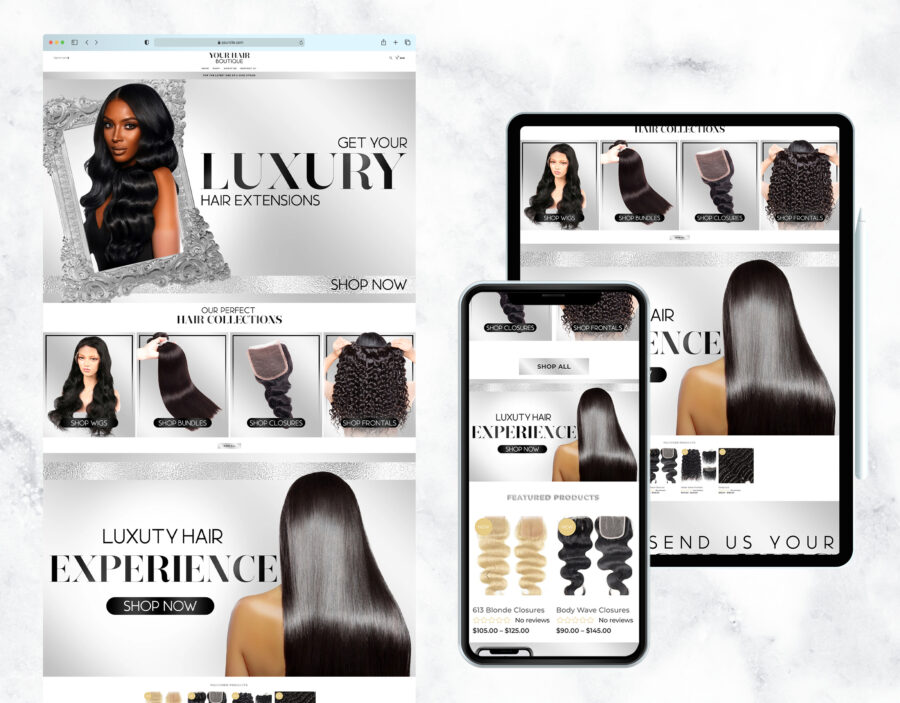 Elegant silver website template for a hair business.