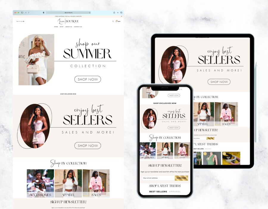 Chic nude aesthetic website template for a boutique.